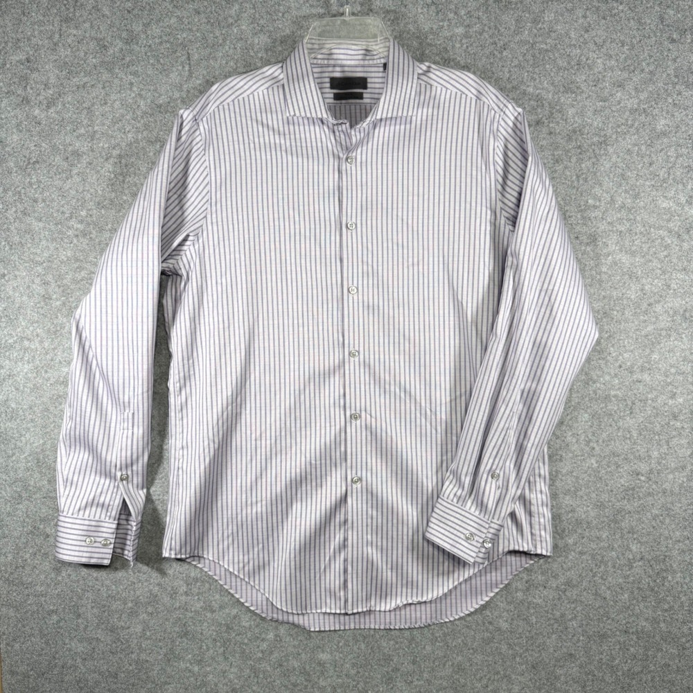 Calvin Klein Dress Shirt Mens 16.5 34/35 Purple White Striped Slim Fit Non Iron